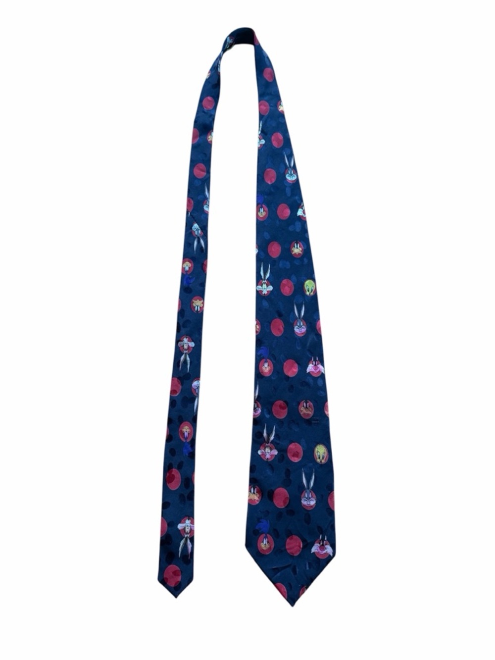 Vintage 1993 Looney Tunes Mania Silk Tie Bugs Bunny Daffy Duck Blue Polka Dot